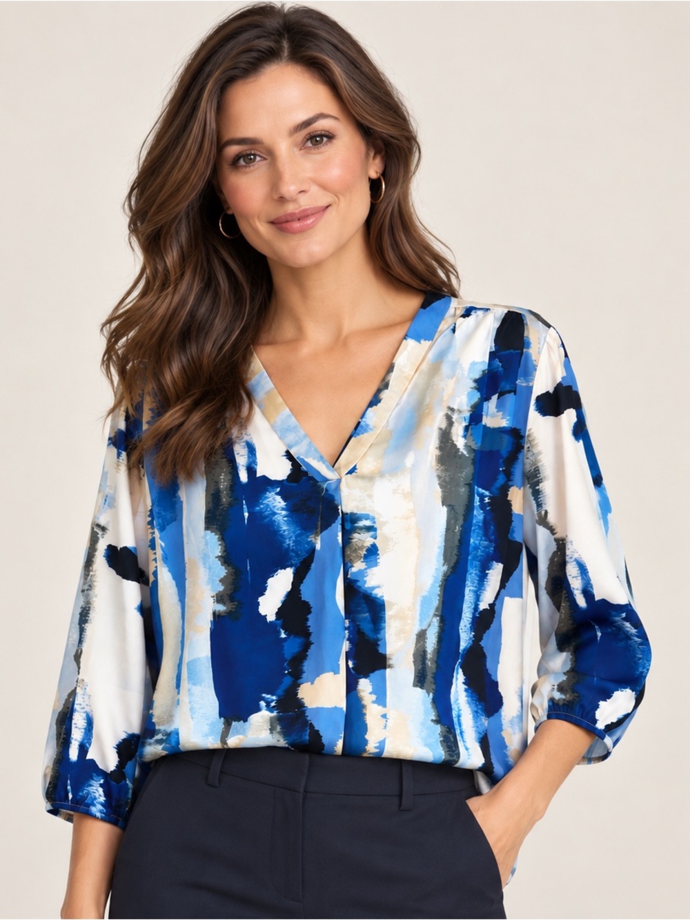 Jones New York PL Blue Abstract Satin Look V Neck Blouse